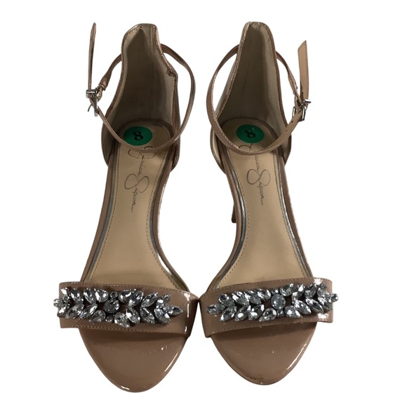 Jessica Simpson Shoes - Jessica Simpson Nude Patent Rhinestone Ankle Strap Heels Womens Size 8M Tan‎